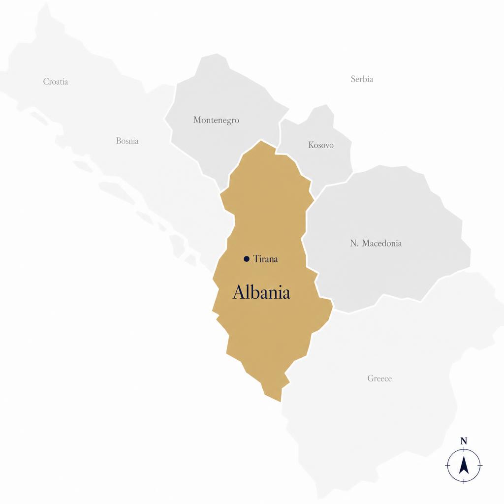 Map of the Western Balkans highlighting Albania, with Kosovo, North Macedonia, and Montenegro